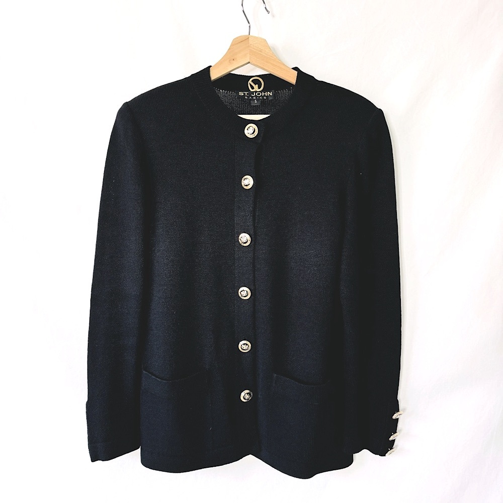 St. John Basics Black Santana Knit Cardigan with Gold Buttons - Picture 1 of 13